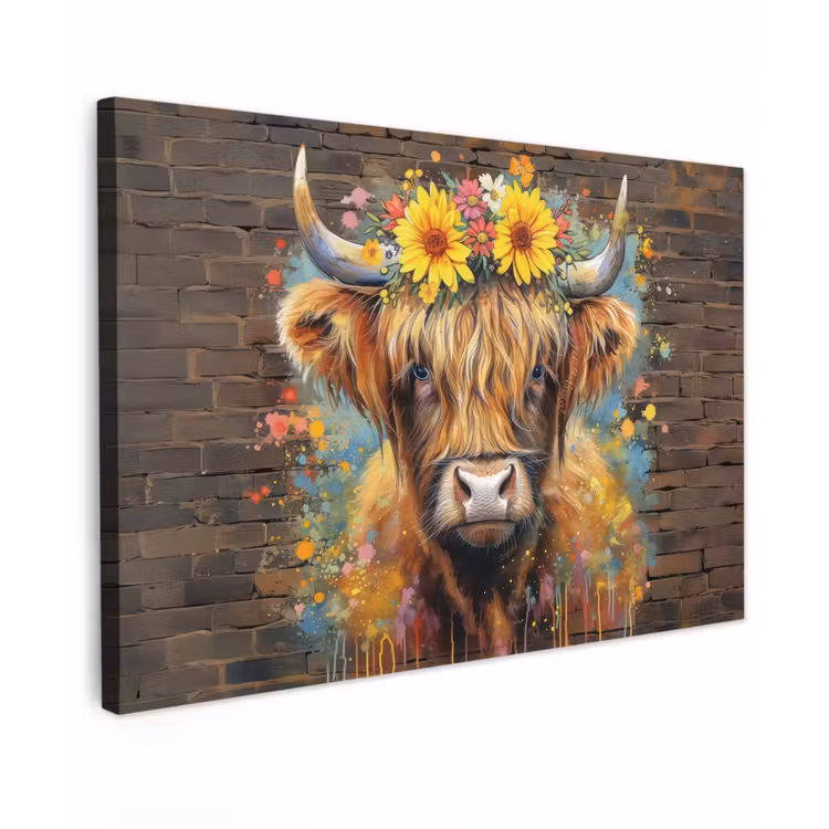 Hooglander met Bloemenkroon Tuinposter op houten frame 2 cm dik klein -3d