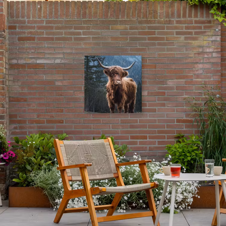 Hooglander voor Bergen Tuinposter op houten frame 2 cm dik middel -sfeer3