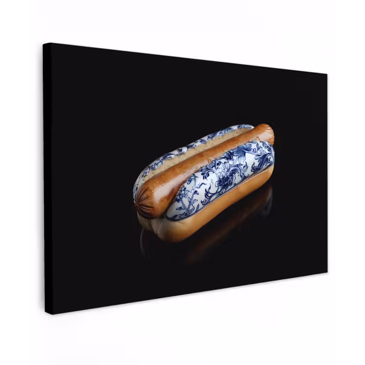 Hotdog - Porselein - Delfts blauw - Eten Tuinposter op houten frame 2 cm dik klein -3d