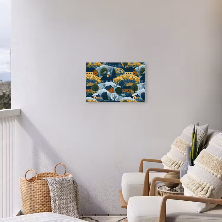 Huisjes - Bloemen - Patroon - Geel - Blauw Tuinposter op houten frame 2 cm dik klein 845 -sfeer1