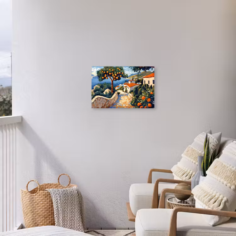 Huizen - Mozaïek - Sinaasappelbomen - Zee Tuinposter op houten frame 2 cm dik klein -sfeer1