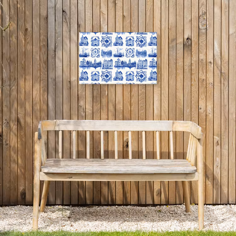 Huizen - Schepen - Blauw Tuinposter op houten frame 2 cm dik klein 845 -sfeer4