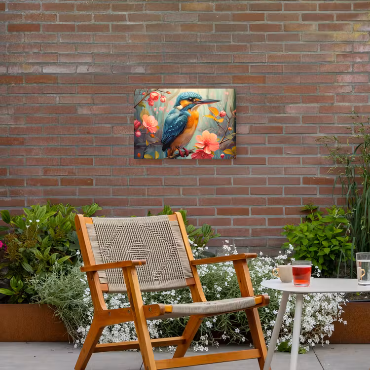 IJsvogel - Bloesem - Natuur - Vogels - Bloemen Tuinposter op houten frame 2 cm dik klein -sfeer3