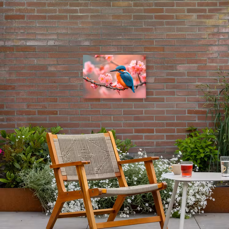 IJsvogel tussen Kersenbloesems Tuinposter op houten frame 2 cm dik klein -sfeer3