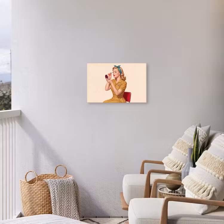 Illustratie - Mascara - Vrouw - Geel Tuinposter op houten frame 2 cm dik klein -sfeer1