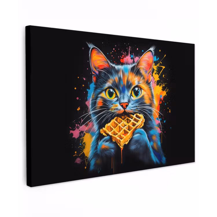 Kat - Graffiti - Kleurrijk - Wafel - Eten Tuinposter op houten frame 2 cm dik klein -3d
