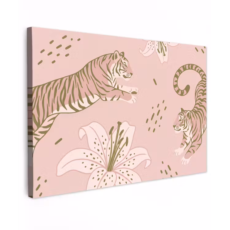 Kat - Springend - Bloemen - Abstract - Roze Tuinposter op houten frame 2 cm dik klein -3d