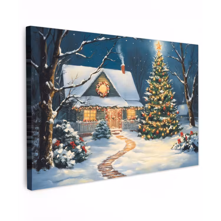 Kerst - Kerstboom - Winter - Huis - Sneeuw Tuinposter op houten frame 2 cm dik klein -3d