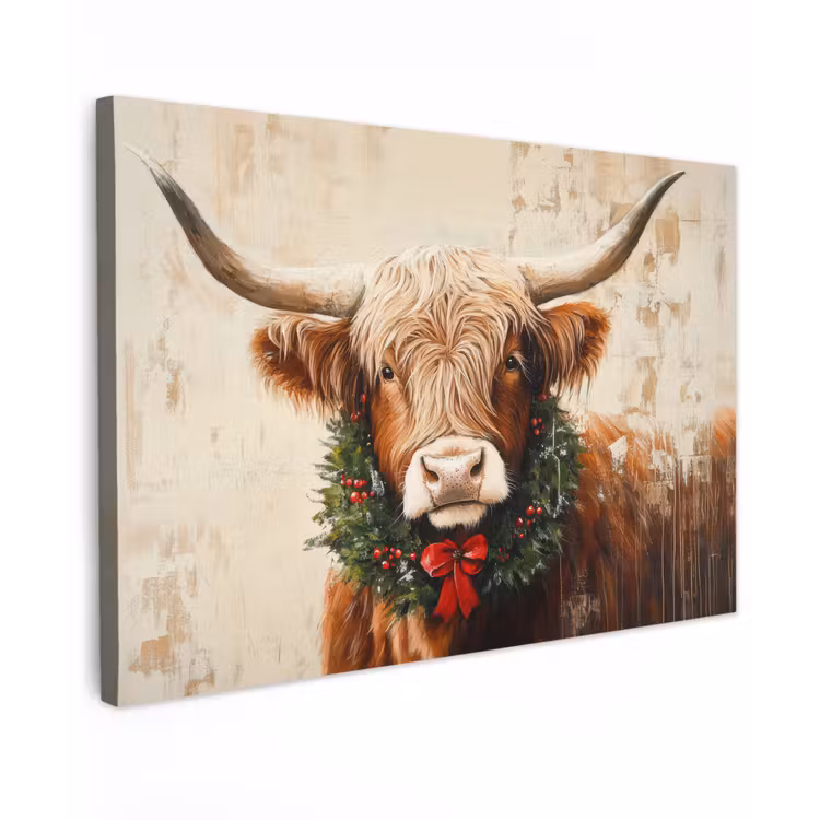 Kerst - Schotse Hooglander - Bruin - Krans Tuinposter op houten frame 2 cm dik klein -3d