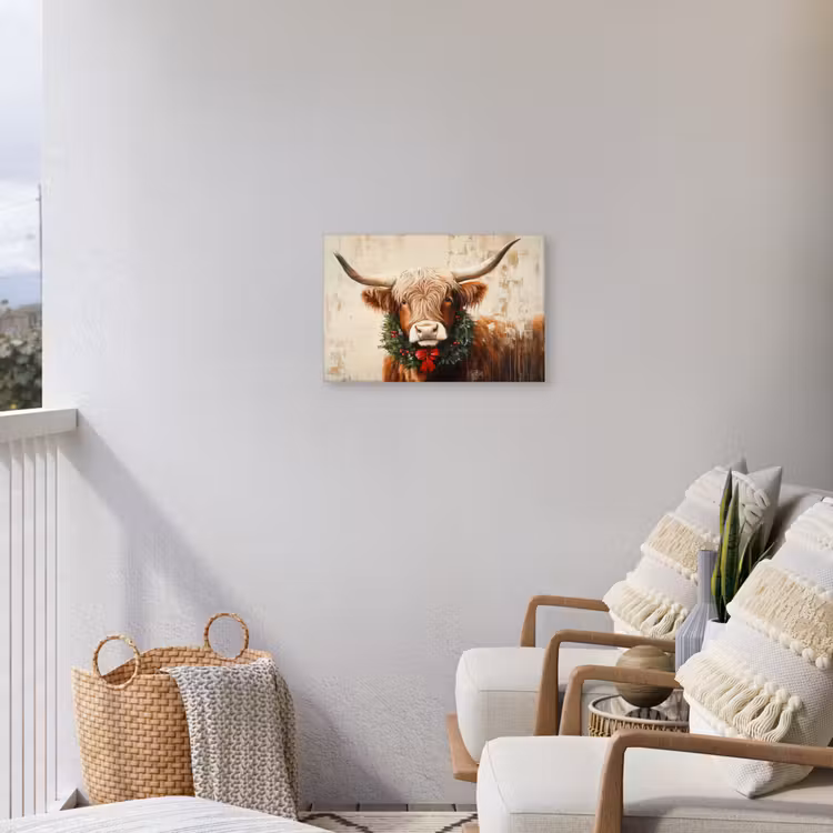 Kerst - Schotse Hooglander - Bruin - Krans Tuinposter op houten frame 2 cm dik klein -sfeer1