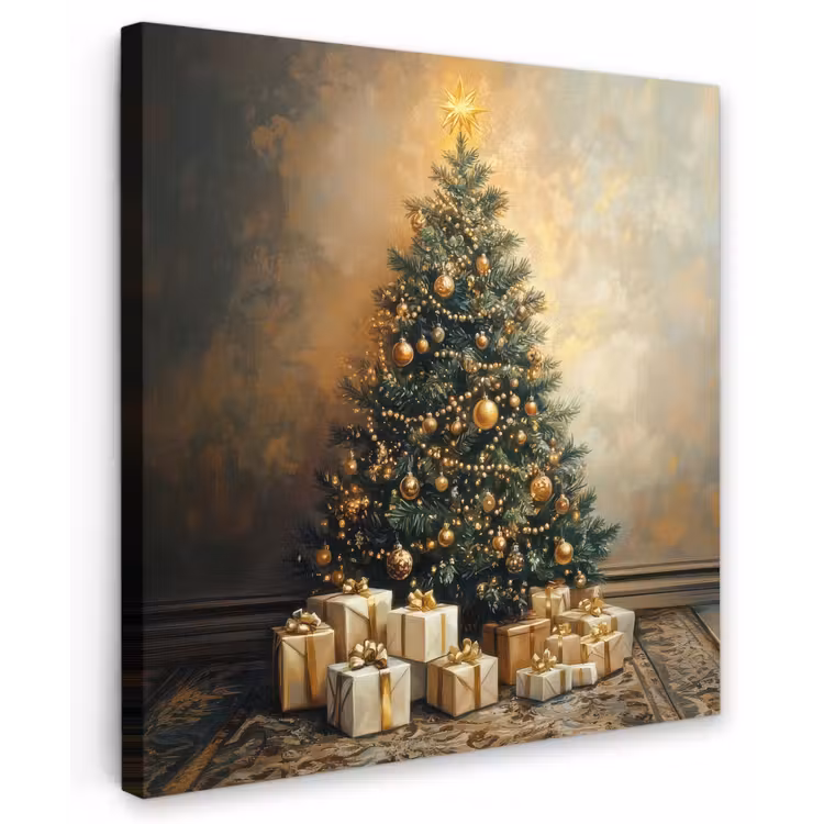 Kerstboom - Cadeaus - Goud Tuinposter op houten frame 2 cm dik middel -3d