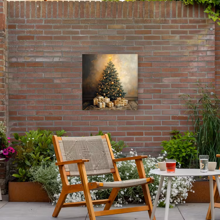 Kerstboom - Cadeaus - Goud Tuinposter op houten frame 2 cm dik middel -sfeer3