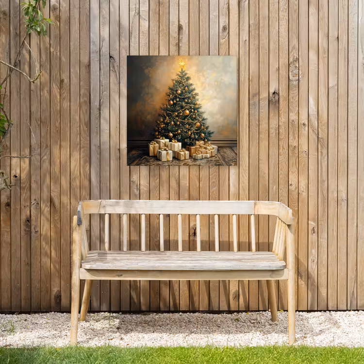 Kerstboom - Cadeaus - Goud Tuinposter op houten frame 2 cm dik middel -sfeer4