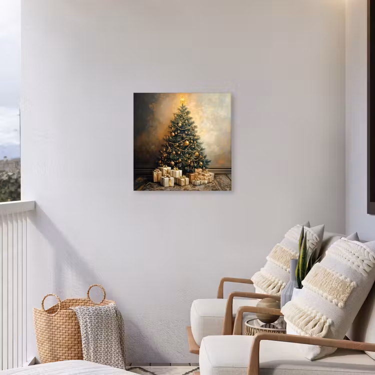Kerstboom - Cadeaus - Goud Tuinposter op houten frame 2 cm dik middel -sfeer1
