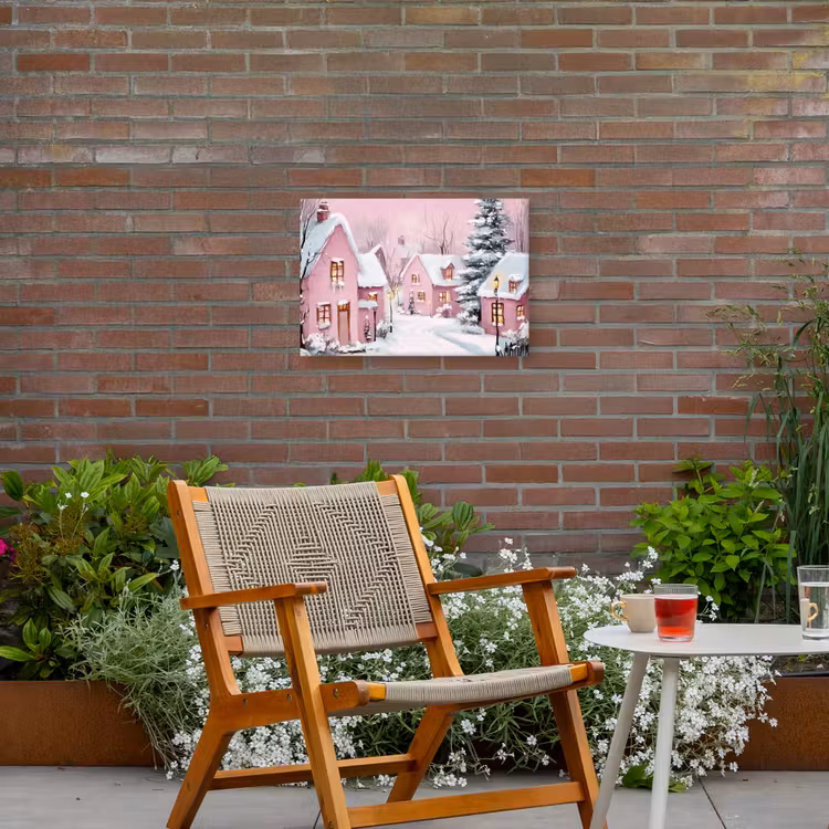 Kerstdorp - Roze - Winter - Sneeuw - Huizen Tuinposter op houten frame 2 cm dik klein -sfeer3
