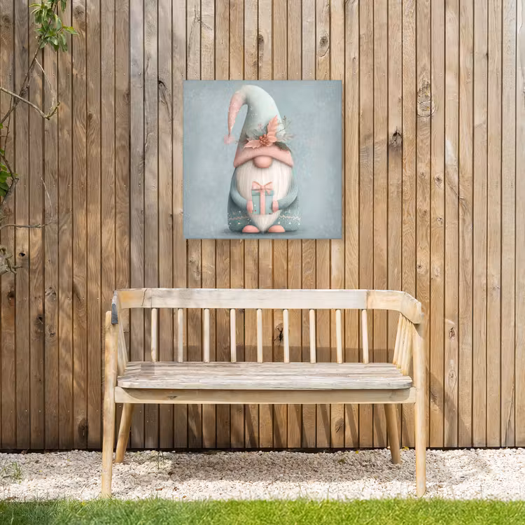 Kerstgnome - Cadeau - Groen Tuinposter op houten frame 2 cm dik middel -sfeer4