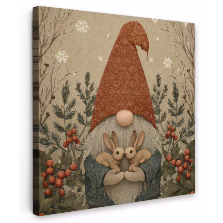 Kerstgnome - Konijntjes - Kleurrijk Tuinposter op houten frame 2 cm dik middel -3d