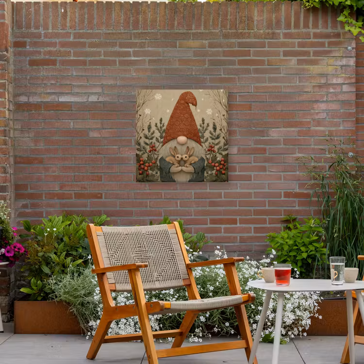 Kerstgnome - Konijntjes - Kleurrijk Tuinposter op houten frame 2 cm dik middel -sfeer3