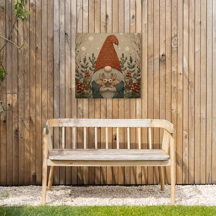 Kerstgnome - Konijntjes - Kleurrijk Tuinposter op houten frame 2 cm dik middel -sfeer4