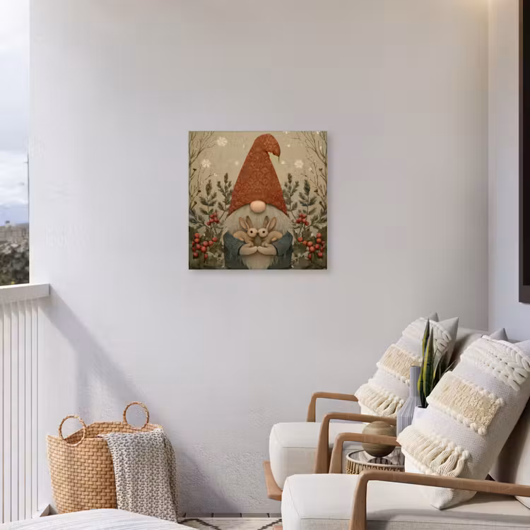 Kerstgnome - Konijntjes - Kleurrijk Tuinposter op houten frame 2 cm dik middel -sfeer1