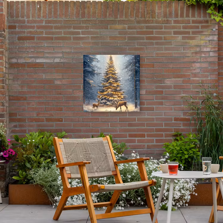 Kerstlicht - Woud - Hert - Donker Tuinposter op houten frame 2 cm dik middel -sfeer3