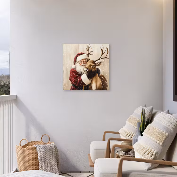 Kerstman - Rendier - Sneeuw - Kleurrijk Tuinposter op houten frame 2 cm dik middel -sfeer1