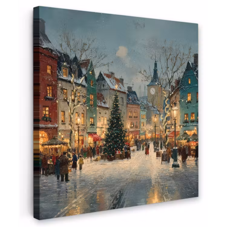 Kerstsfeer - Stadsplein - Kleurrijk Tuinposter op houten frame 2 cm dik middel -3d