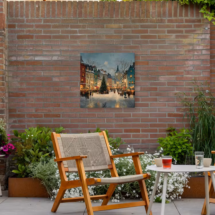 Kerstsfeer - Stadsplein - Kleurrijk Tuinposter op houten frame 2 cm dik middel -sfeer3