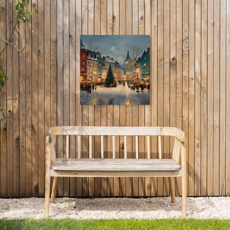Kerstsfeer - Stadsplein - Kleurrijk Tuinposter op houten frame 2 cm dik middel -sfeer4