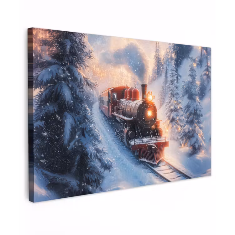 Kersttrein - Sneeuw - Winter - Kerst Tuinposter op houten frame 2 cm dik klein -3d