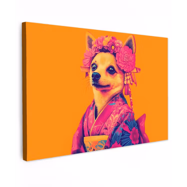 Kimono - Hondje - Bloemenkroon - Oranje Tuinposter op houten frame 2 cm dik klein -3d