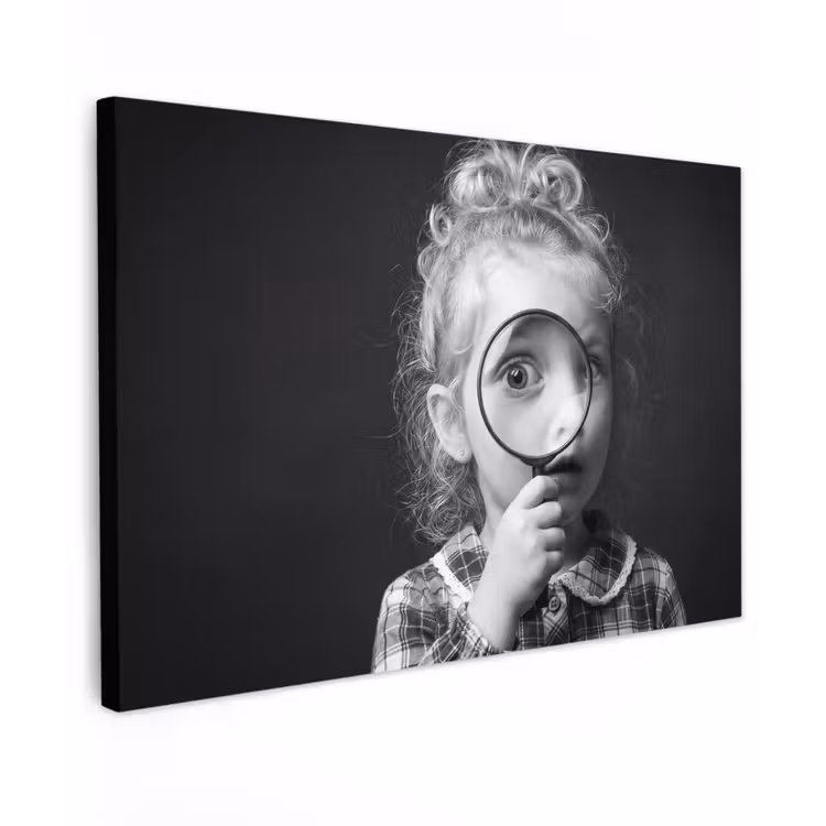 Kind - Vergrootglas - Portret - Zwart-wit Tuinposter op houten frame 2 cm dik klein -3d