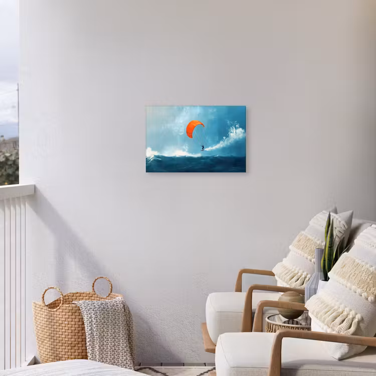 Kitesurfer - Oranje - Zee - Lucht Tuinposter op houten frame 2 cm dik klein -sfeer1