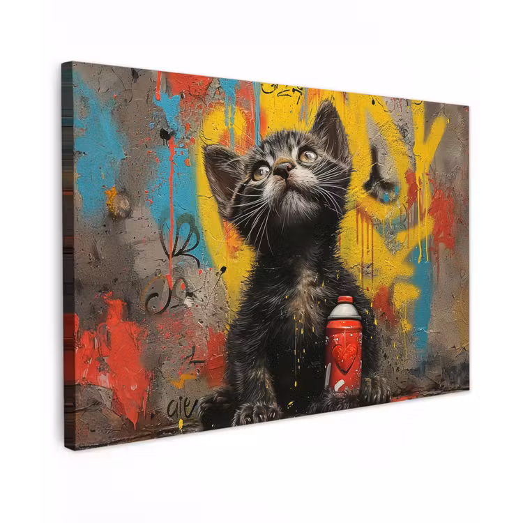 Kitten met Spuitbus Tuinposter op houten frame 2 cm dik klein -3d