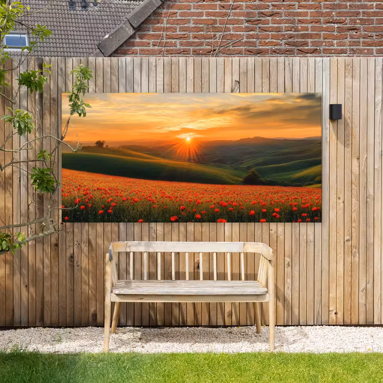 Klaprozen - Bloemen - Heuvels - Zonsondergang Tuinposter op houten frame 2 cm dik xxl -sfeer4