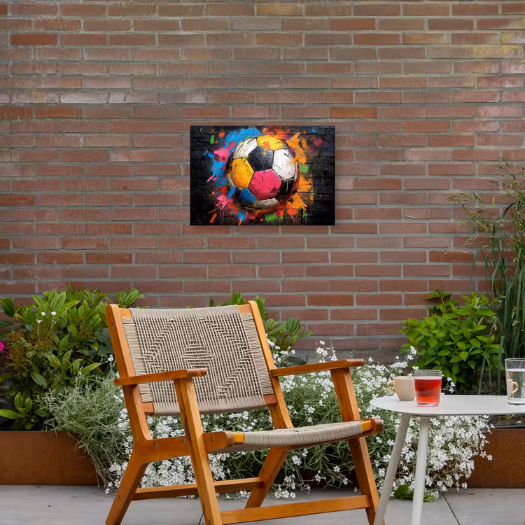Kleurrijke Voetbal Tuinposter op houten frame 2 cm dik klein -sfeer3
