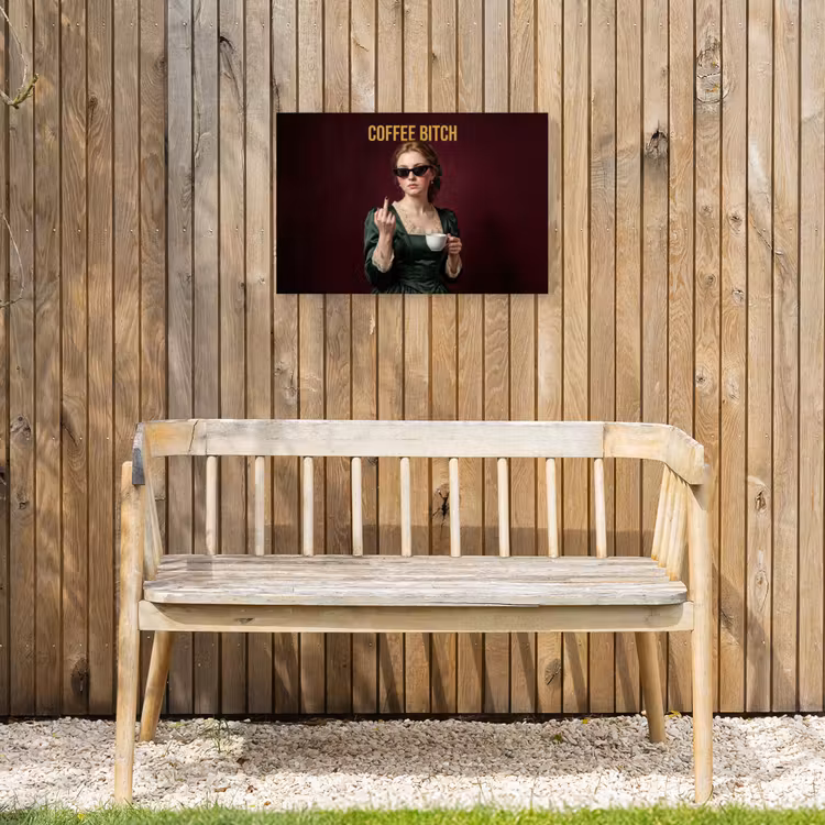 Koffie - Vrouw - Middelvinger Tuinposter op houten frame 2 cm dik klein -sfeer4