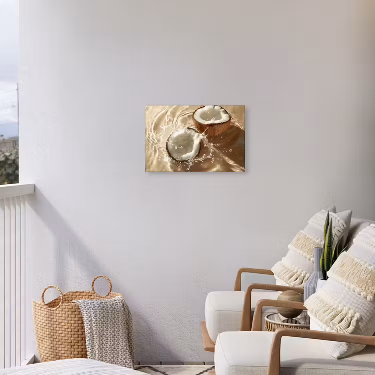 Kokosnoot - Water - Beige - Spetters Tuinposter op houten frame 2 cm dik klein -sfeer1