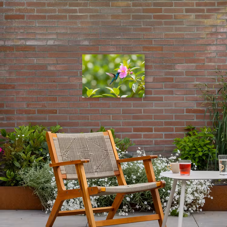 Kolibrie - Bloem - Natuur - Groen Tuinposter op houten frame 2 cm dik klein -sfeer3