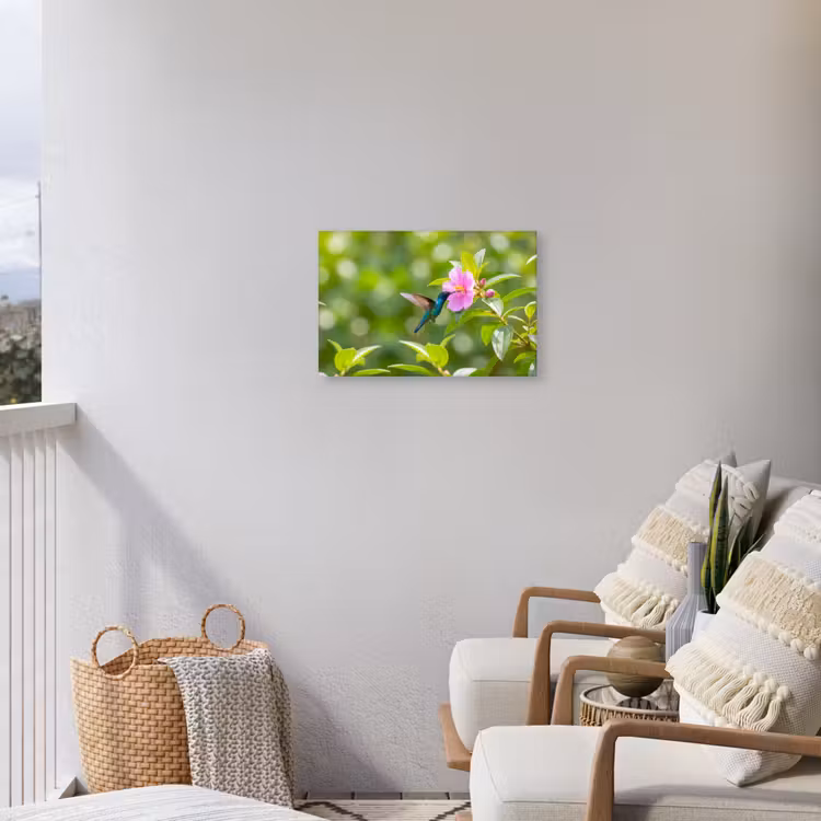 Kolibrie - Bloem - Natuur - Groen Tuinposter op houten frame 2 cm dik klein -sfeer1