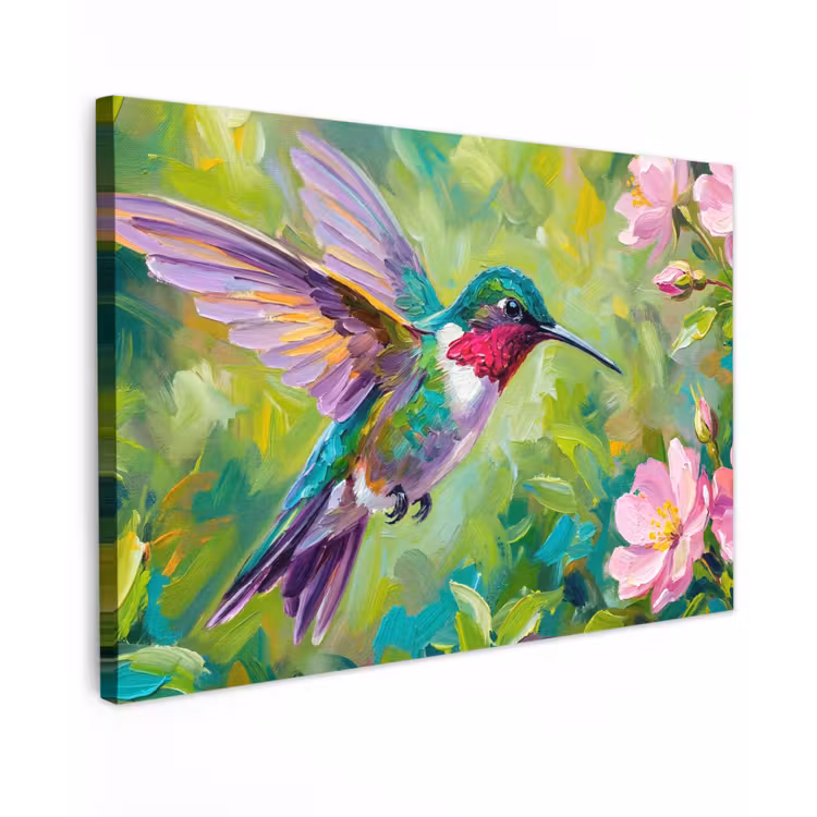 Kolibrie - Bloemen - Natuur - Kleurrijk Tuinposter op houten frame 2 cm dik klein -3d