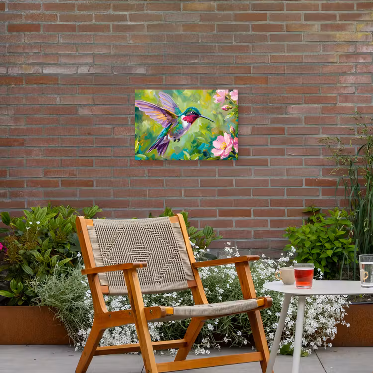 Kolibrie - Bloemen - Natuur - Kleurrijk Tuinposter op houten frame 2 cm dik klein -sfeer3