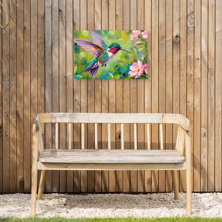 Kolibrie - Bloemen - Natuur - Kleurrijk Tuinposter op houten frame 2 cm dik klein -sfeer4