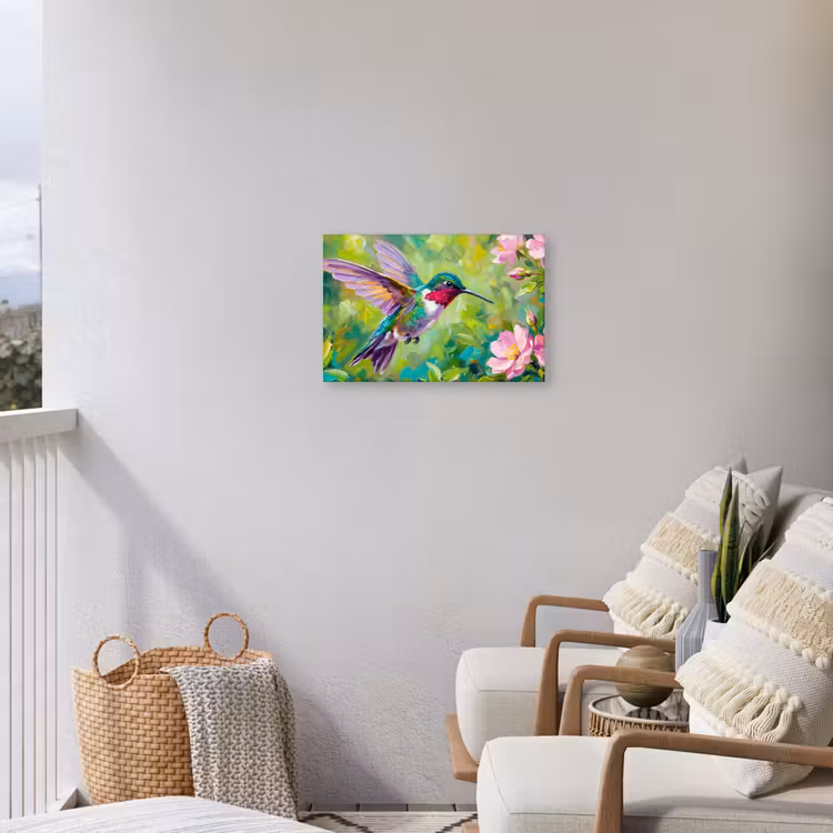 Kolibrie - Bloemen - Natuur - Kleurrijk Tuinposter op houten frame 2 cm dik klein -sfeer1