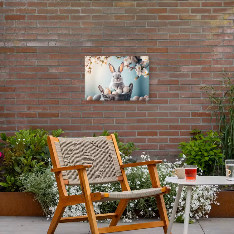 Konijn - Eieren - Mand Tuinposter op houten frame 2 cm dik klein -sfeer3