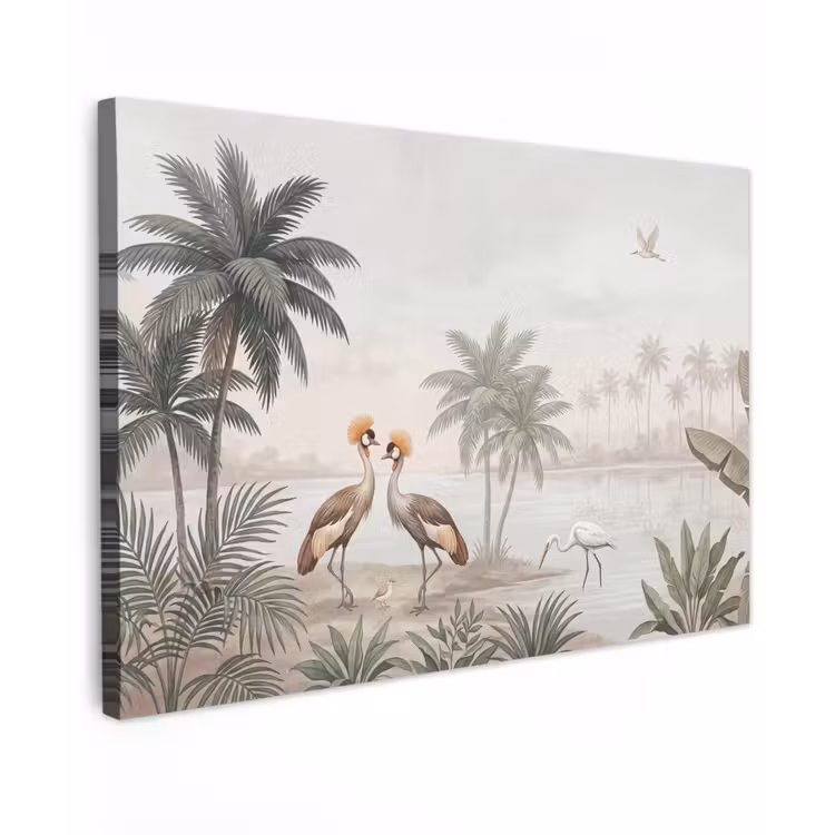 Kraanvogels - Palmbomen - Tropisch Tuinposter op houten frame 2 cm dik klein -3d