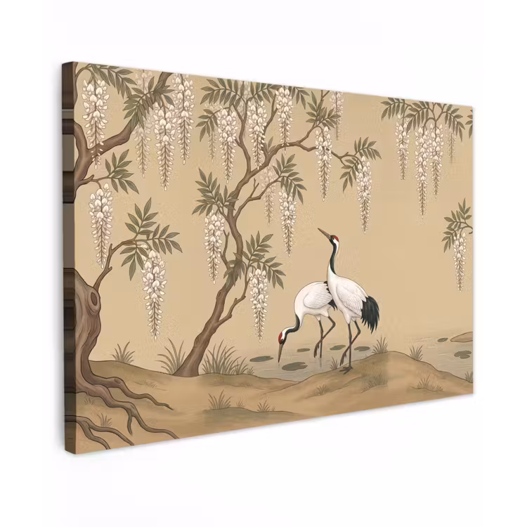 Kraanvogels - Water - Beige Tuinposter op houten frame 2 cm dik klein -3d