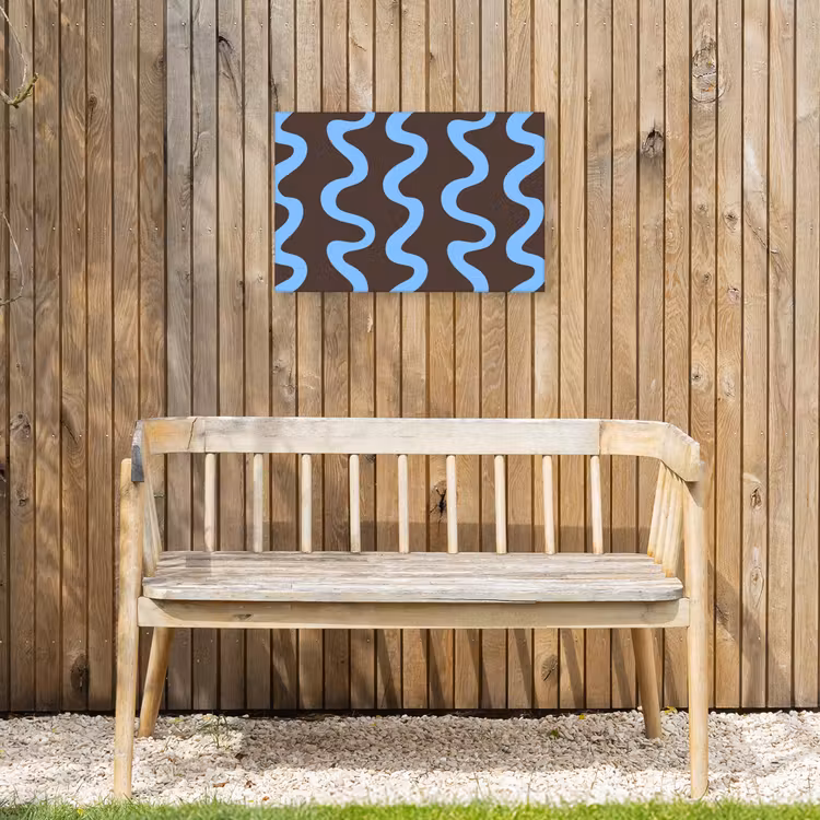 Kronkelende lijnen - Blauw - Bruin - Minimalistisch Tuinposter op houten frame 2 cm dik klein 845 -sfeer4