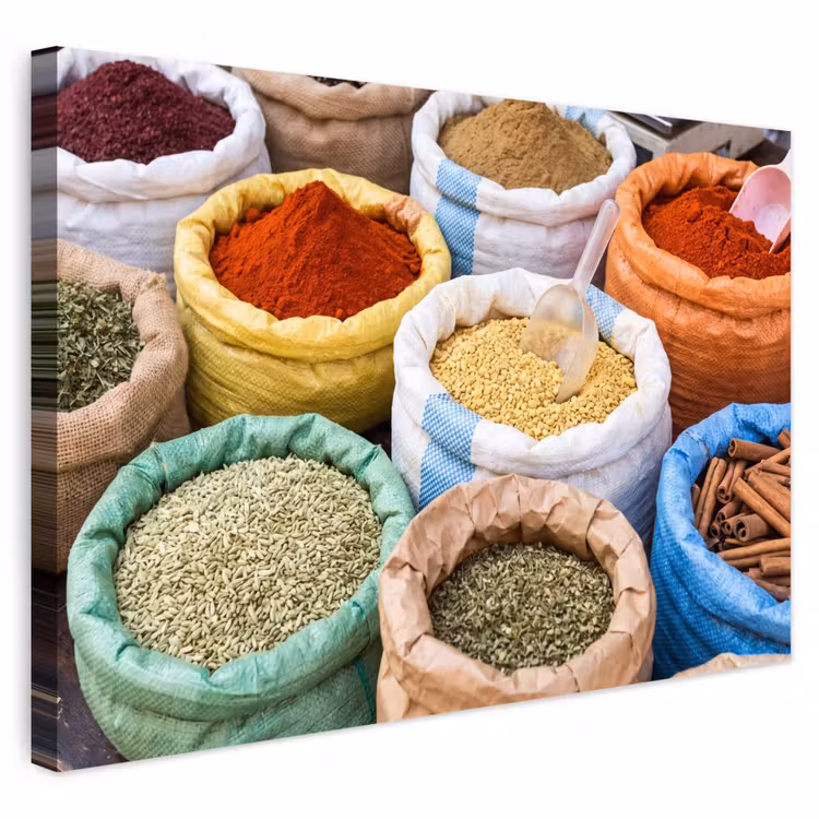 Buiten canvas - Kruiden - Zakken - Markt - Kruiden - Zakken - Markt Tuinposter op houten frame 2 cm dik klein