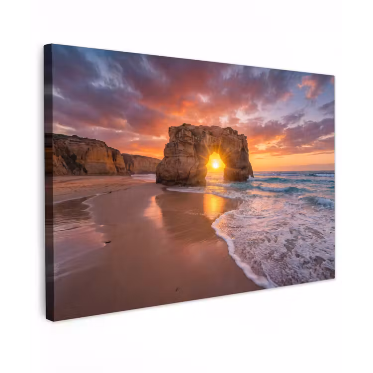 Kust - Rots - Zonsondergang - Zee - Natuur Tuinposter op houten frame 2 cm dik klein -3d